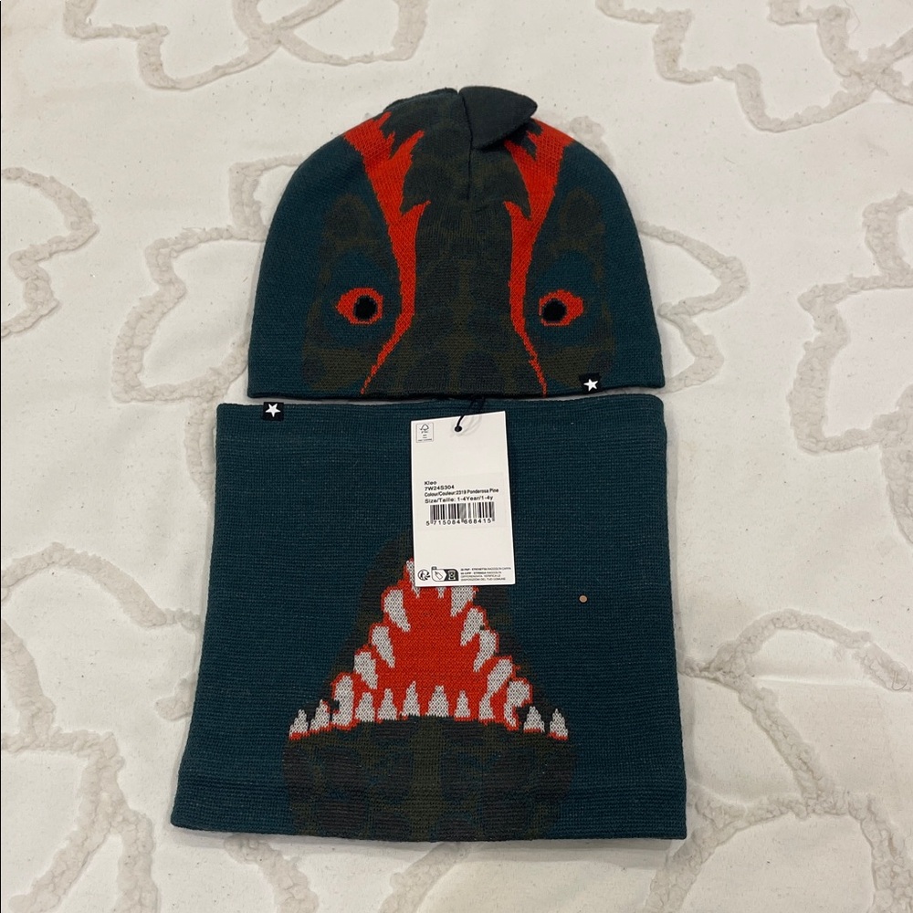 Molo Dinosaur Beanie and Scarf Set - Dark Green and Red